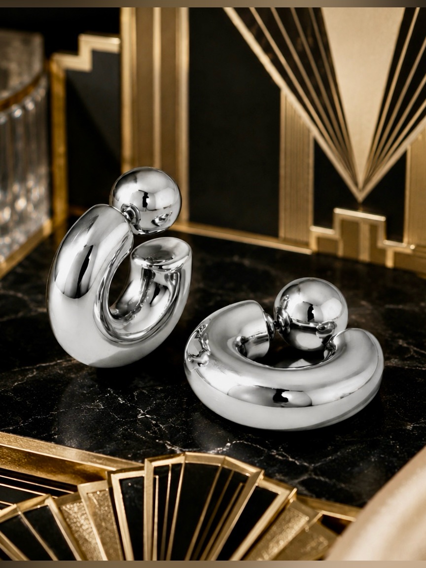 Chunky Silver Tone Reversible CHoop Earrings